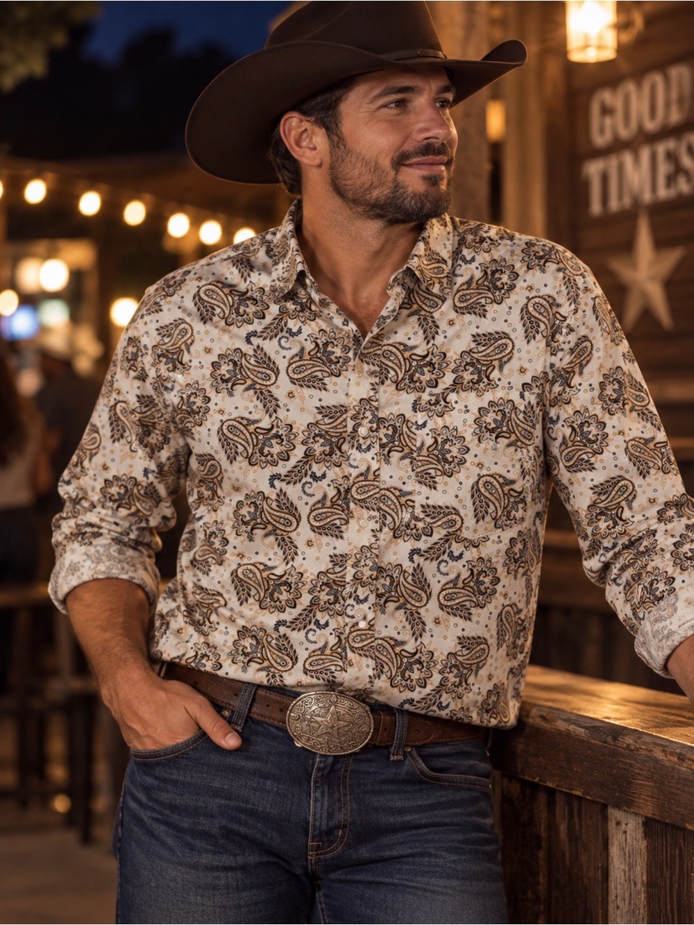 Cody James Western Shirt Mens Medium Paisley Button Front Stretch Cowboy Rodeo